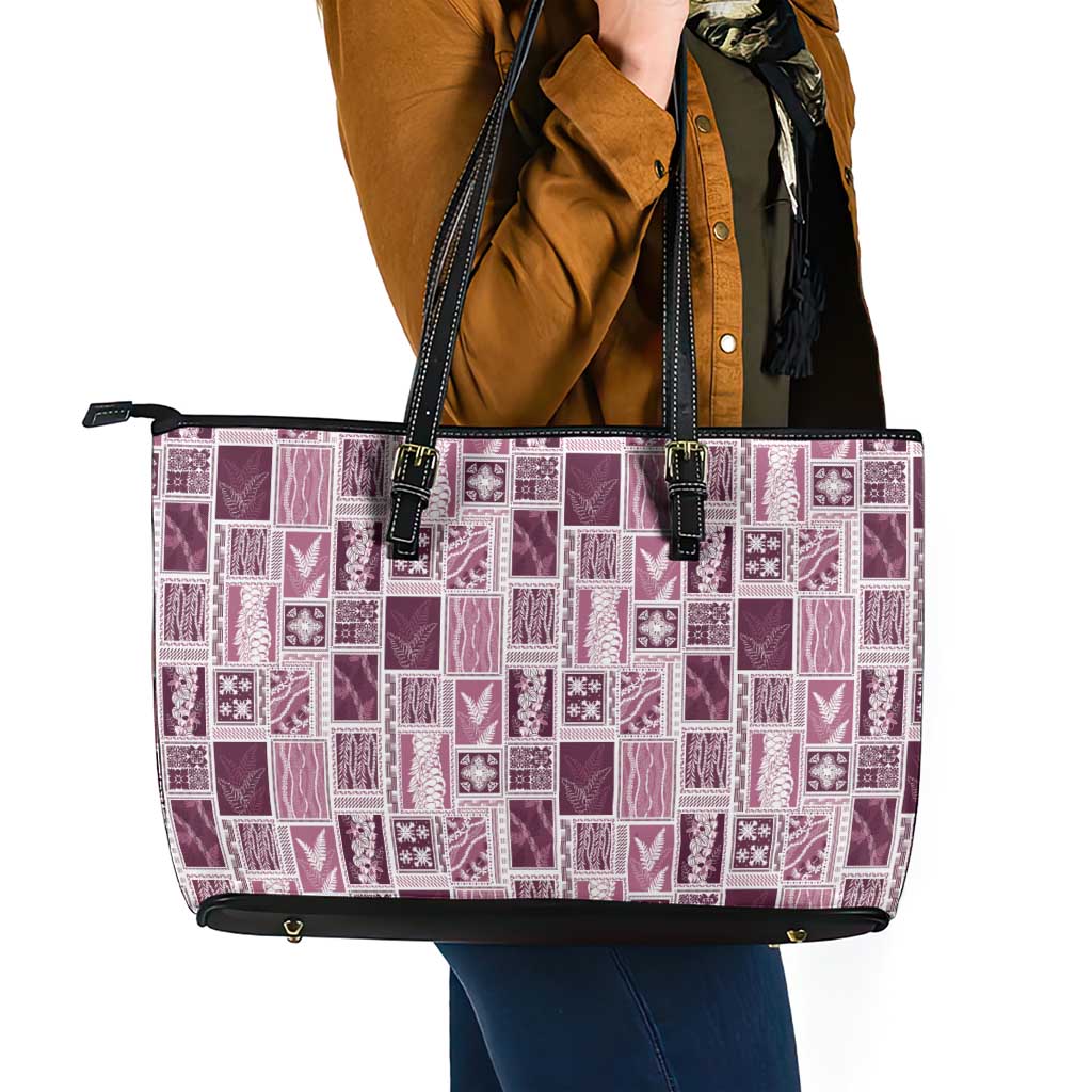 Vintage Aloha Block Quilt Leather Tote Bag Pink Inspired Lei Motifs - Polynesian Pride