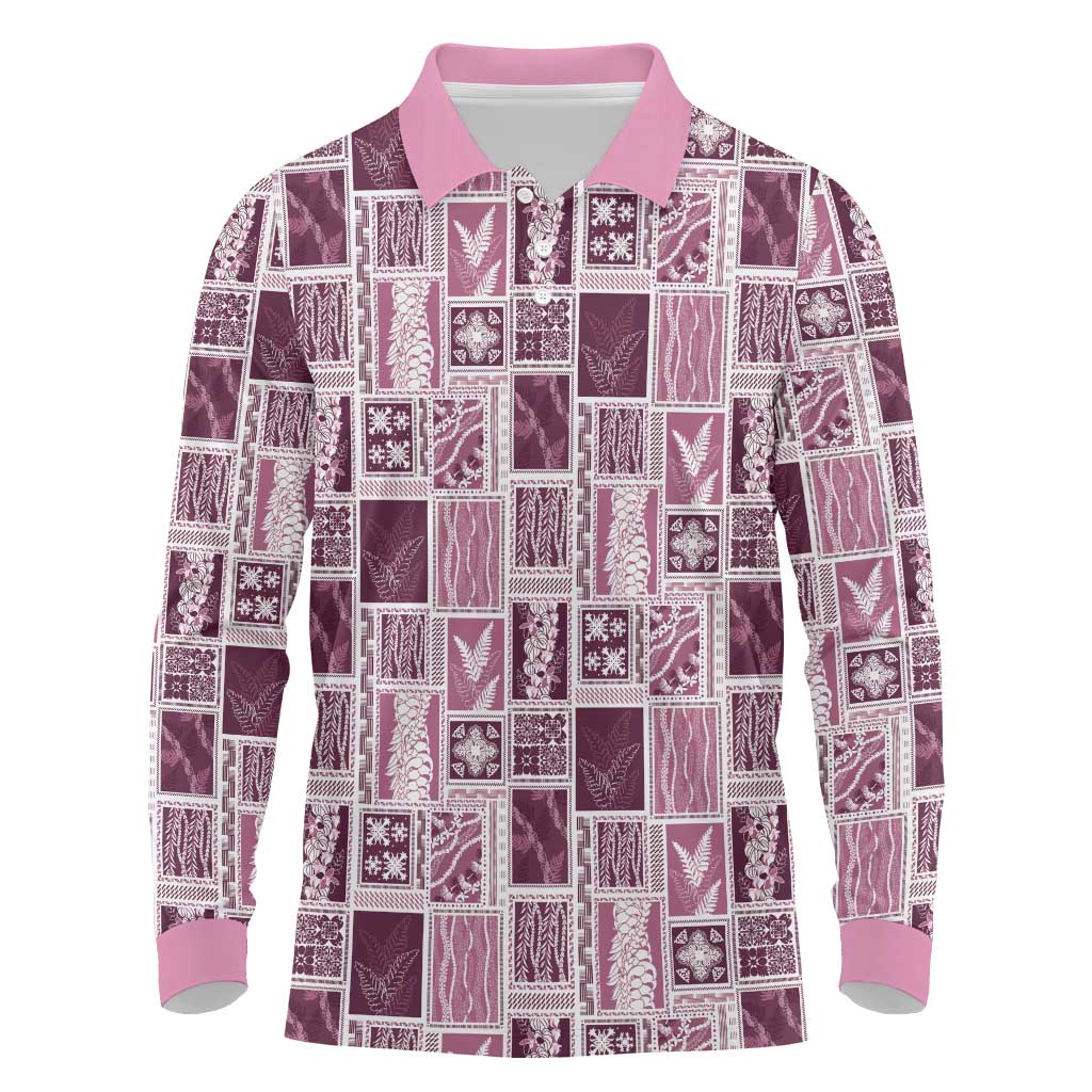 Vintage Aloha Block Quilt Long Sleeve Polo Shirt Pink Inspired Lei Motifs - Polynesian Pride