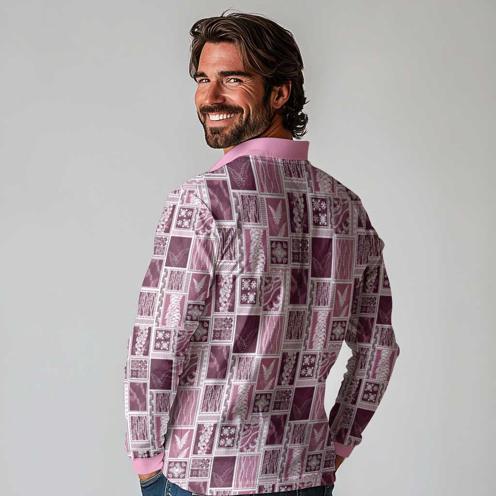 Vintage Aloha Block Quilt Long Sleeve Polo Shirt Pink Inspired Lei Motifs - Polynesian Pride
