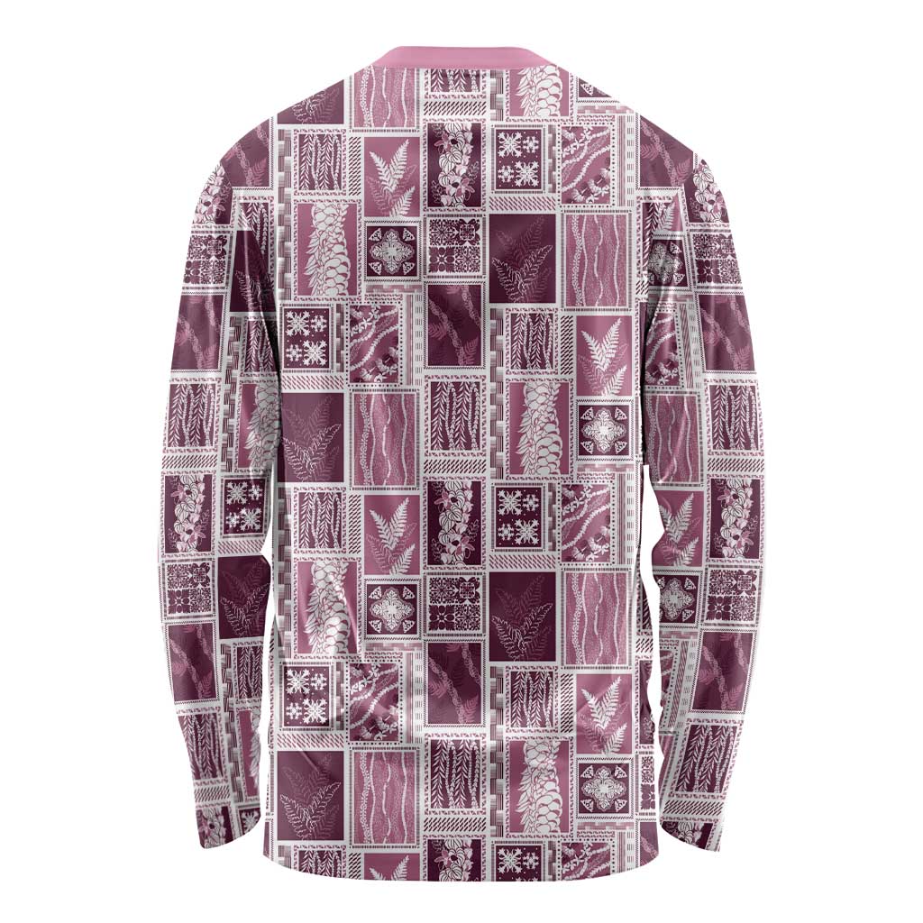 Vintage Aloha Block Quilt Long Sleeve Shirt Pink Inspired Lei Motifs - Polynesian Pride