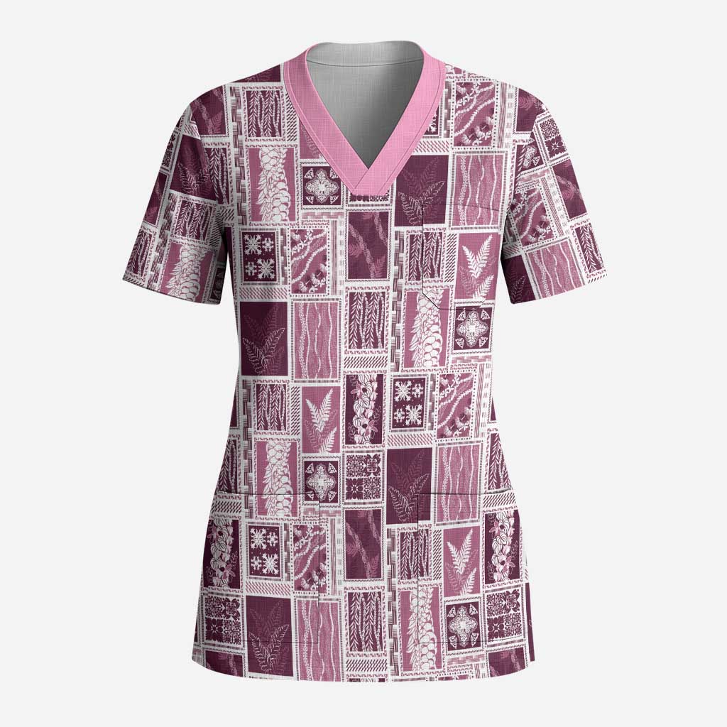 Vintage Aloha Block Quilt Scrub Top Pink Inspired Lei Motifs - Polynesian Pride