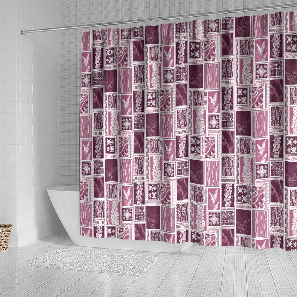 Vintage Aloha Block Quilt Shower Curtain Pink Inspired Lei Motifs - Polynesian Pride
