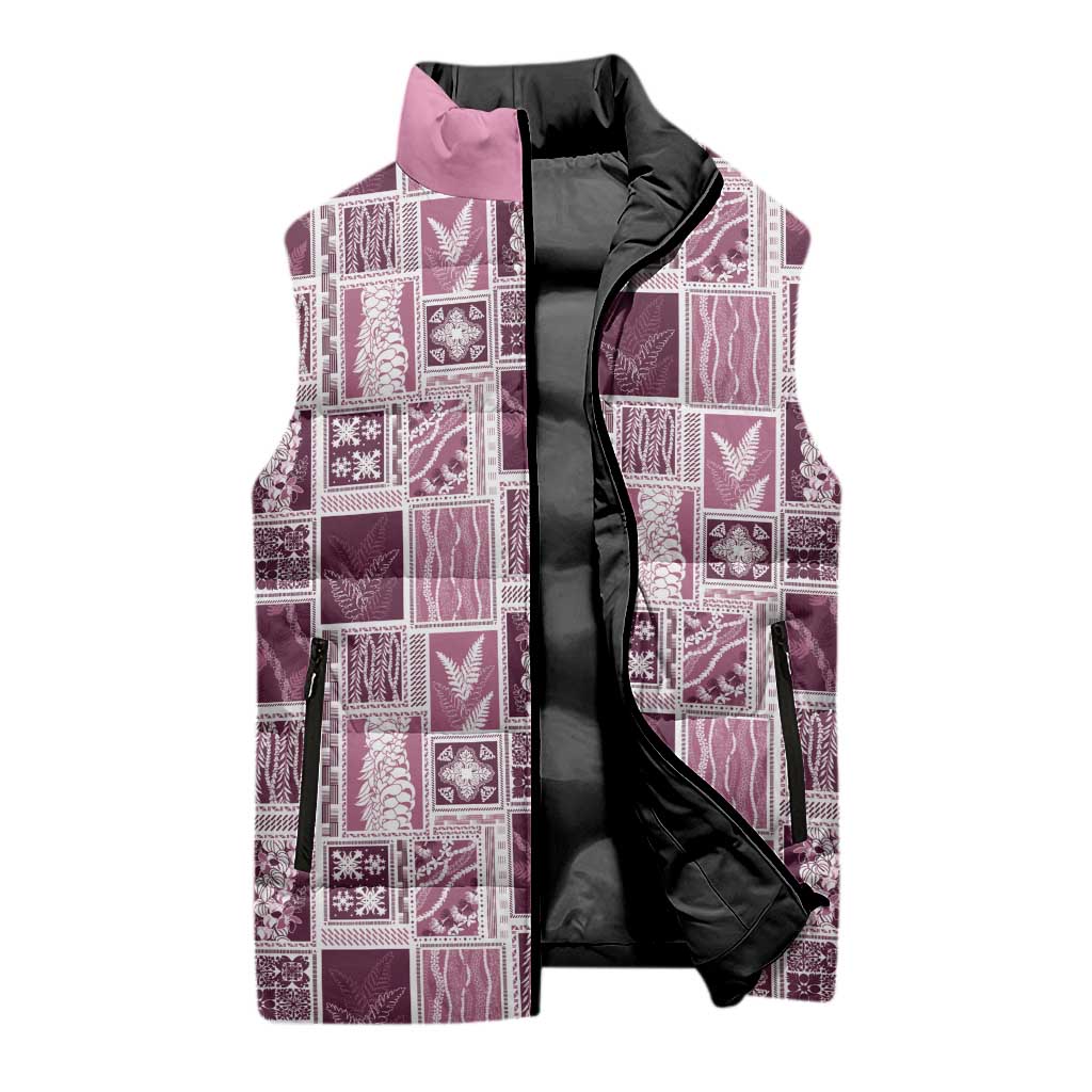 Vintage Aloha Block Quilt Sleeveless Puffer Jacket Pink Inspired Lei Motifs - Polynesian Pride