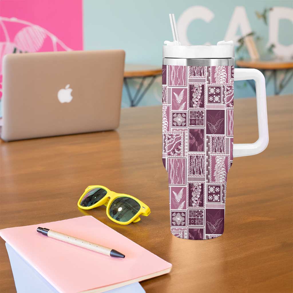 Vintage Aloha Block Quilt Tumbler With Handle Pink Inspired Lei Motifs - Polynesian Pride