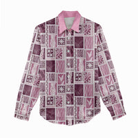 Vintage Aloha Block Quilt Women Casual Shirt Pink Inspired Lei Motifs - Polynesian Pride