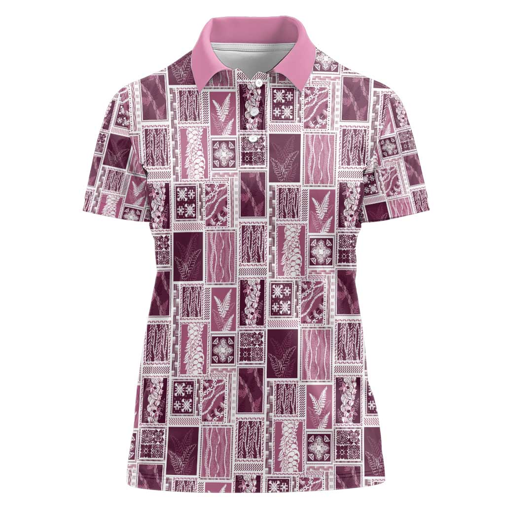 Vintage Aloha Block Quilt Women Polo Shirt Pink Inspired Lei Motifs - Polynesian Pride