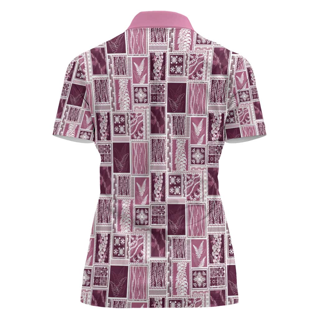 Vintage Aloha Block Quilt Women Polo Shirt Pink Inspired Lei Motifs - Polynesian Pride