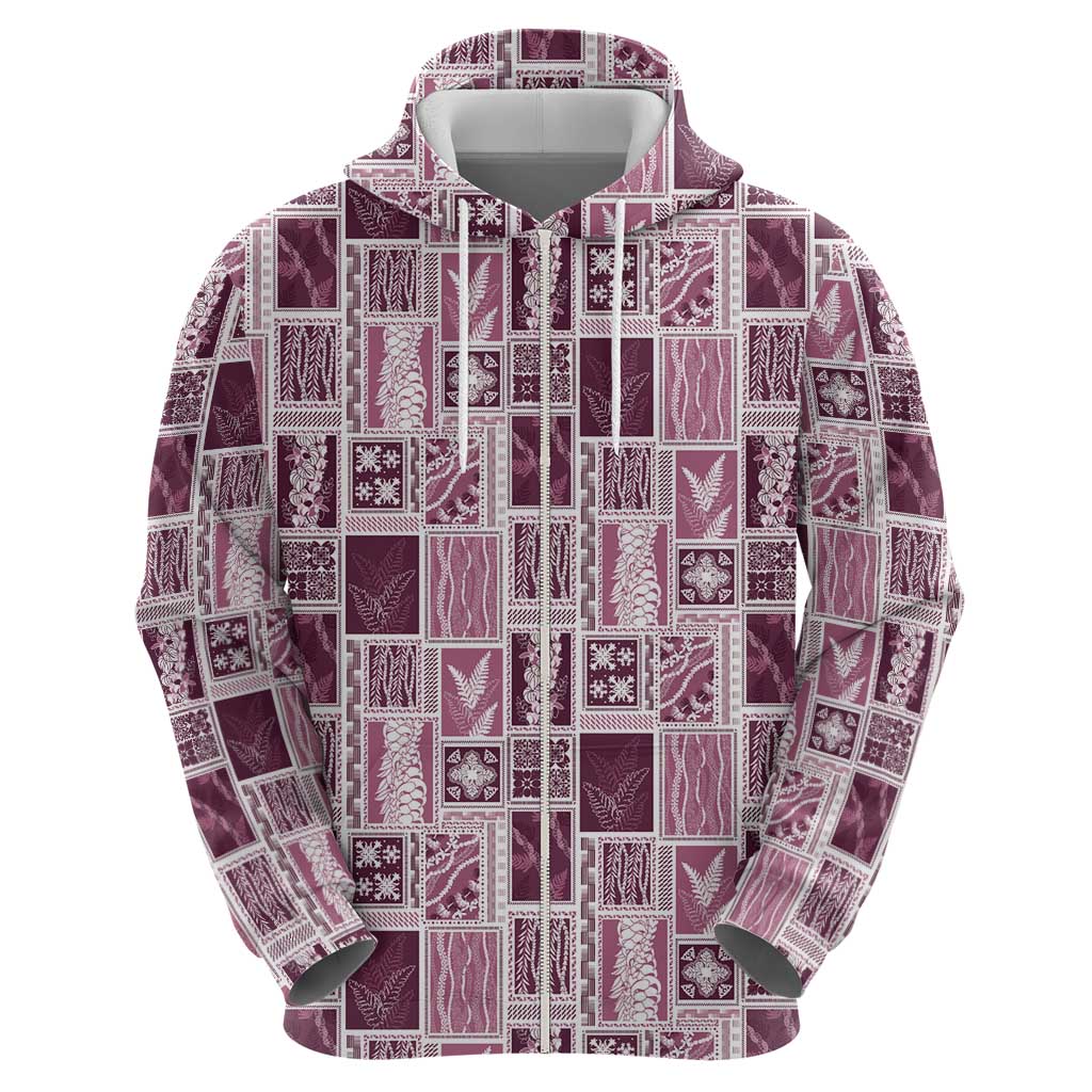 Vintage Aloha Block Quilt Zip Hoodie Pink Inspired Lei Motifs - Polynesian Pride