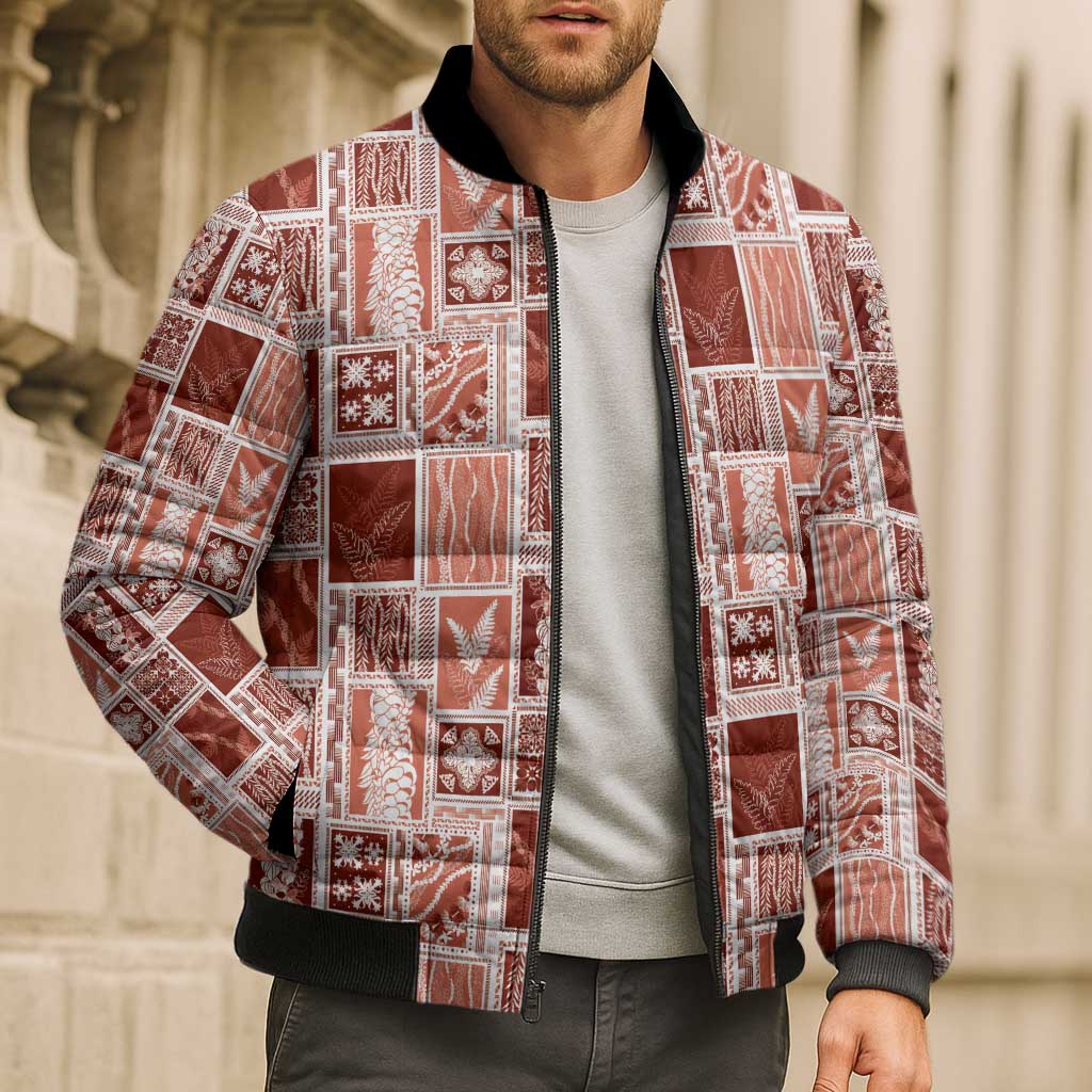 Vintage Aloha Block Quilt Bomber Puffer Jacket Red Inspired Lei Motifs - Polynesian Pride