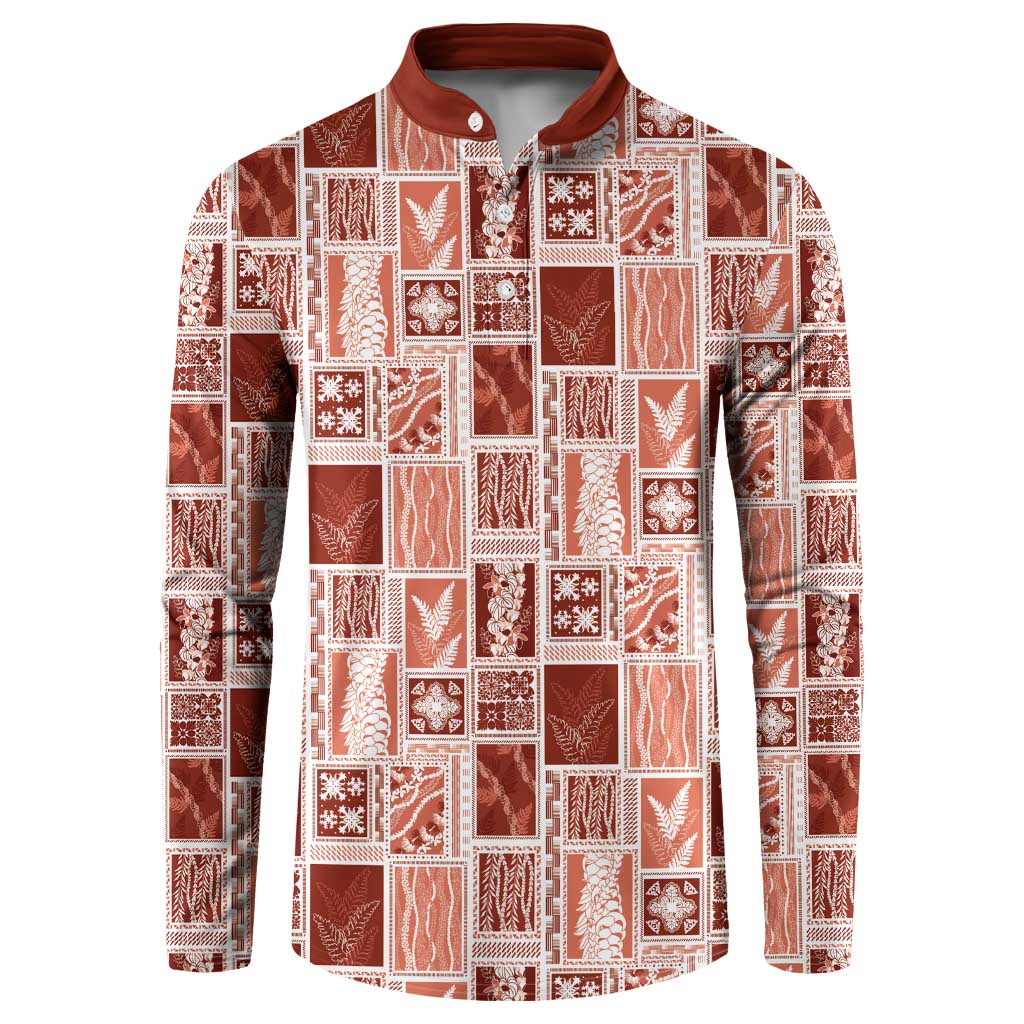 Vintage Aloha Block Quilt Button Sweatshirt Red Inspired Lei Motifs - Polynesian Pride