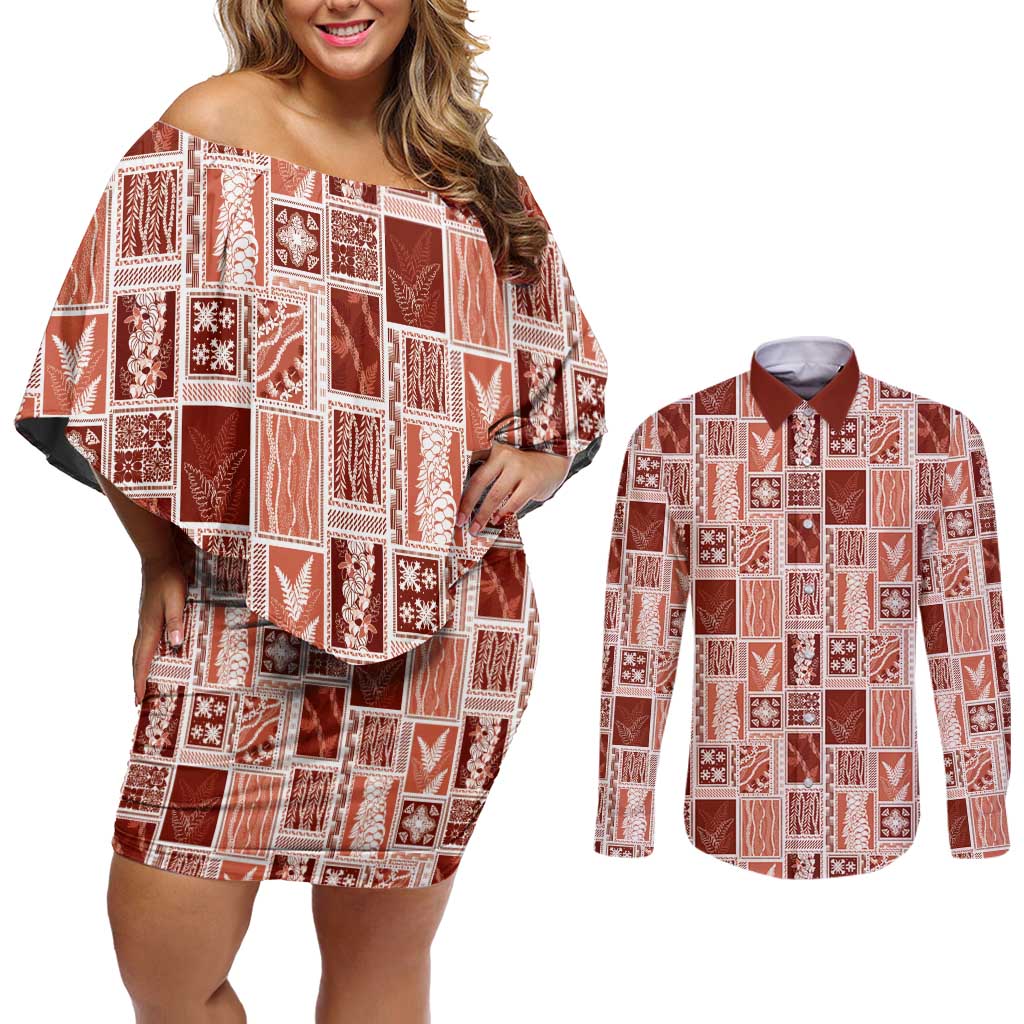 Vintage Aloha Block Quilt Couples Matching Off Shoulder Short Dress and Long Sleeve Button Shirt Red Inspired Lei Motifs - Polynesian Pride