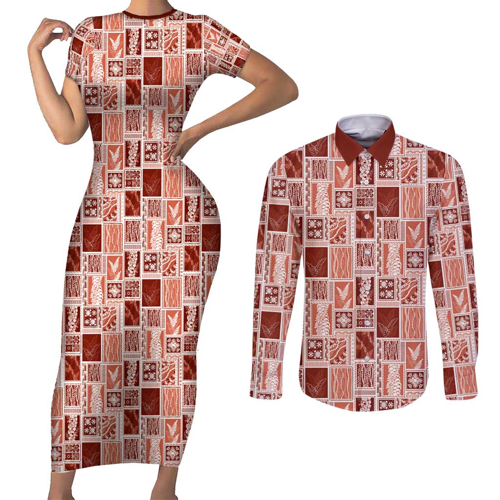Vintage Aloha Block Quilt Couples Matching Short Sleeve Bodycon Dress and Long Sleeve Button Shirt Red Inspired Lei Motifs - Polynesian Pride