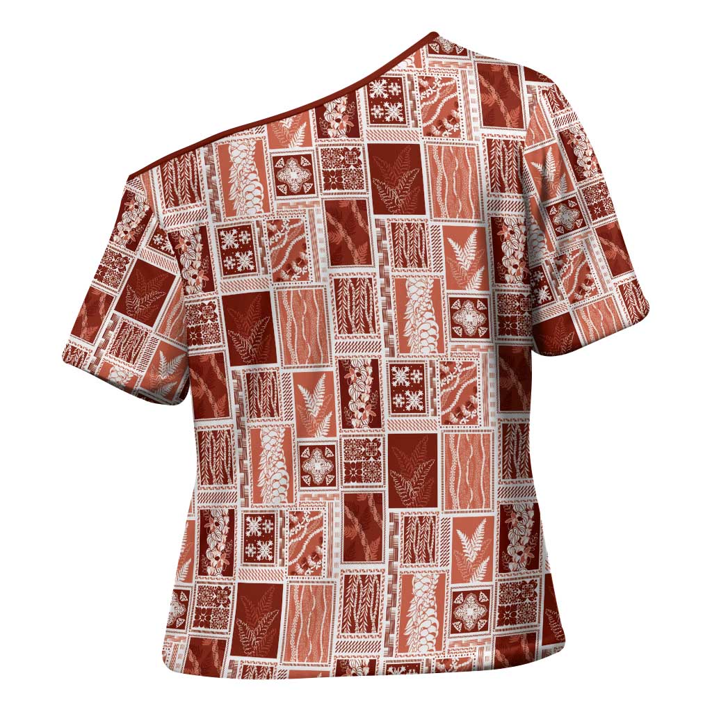 Vintage Aloha Block Quilt Cross Shoulder Shirt Red Inspired Lei Motifs - Polynesian Pride
