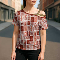 Vintage Aloha Block Quilt Cross Shoulder Shirt Red Inspired Lei Motifs - Polynesian Pride