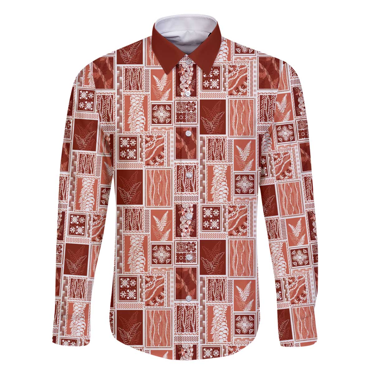 Vintage Aloha Block Quilt Family Matching Off The Shoulder Long Sleeve Dress and Hawaiian Shirt Red Inspired Lei Motifs - Polynesian Pride