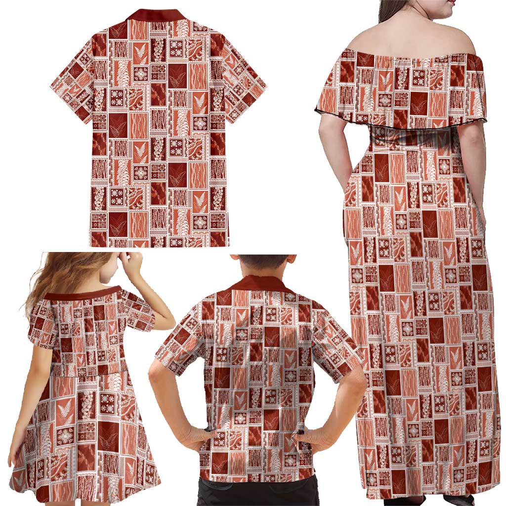 Vintage Aloha Block Quilt Family Matching Off Shoulder Maxi Dress and Hawaiian Shirt Red Inspired Lei Motifs - Polynesian Pride