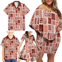 Vintage Aloha Block Quilt Family Matching Off Shoulder Short Dress and Hawaiian Shirt Red Inspired Lei Motifs - Polynesian Pride