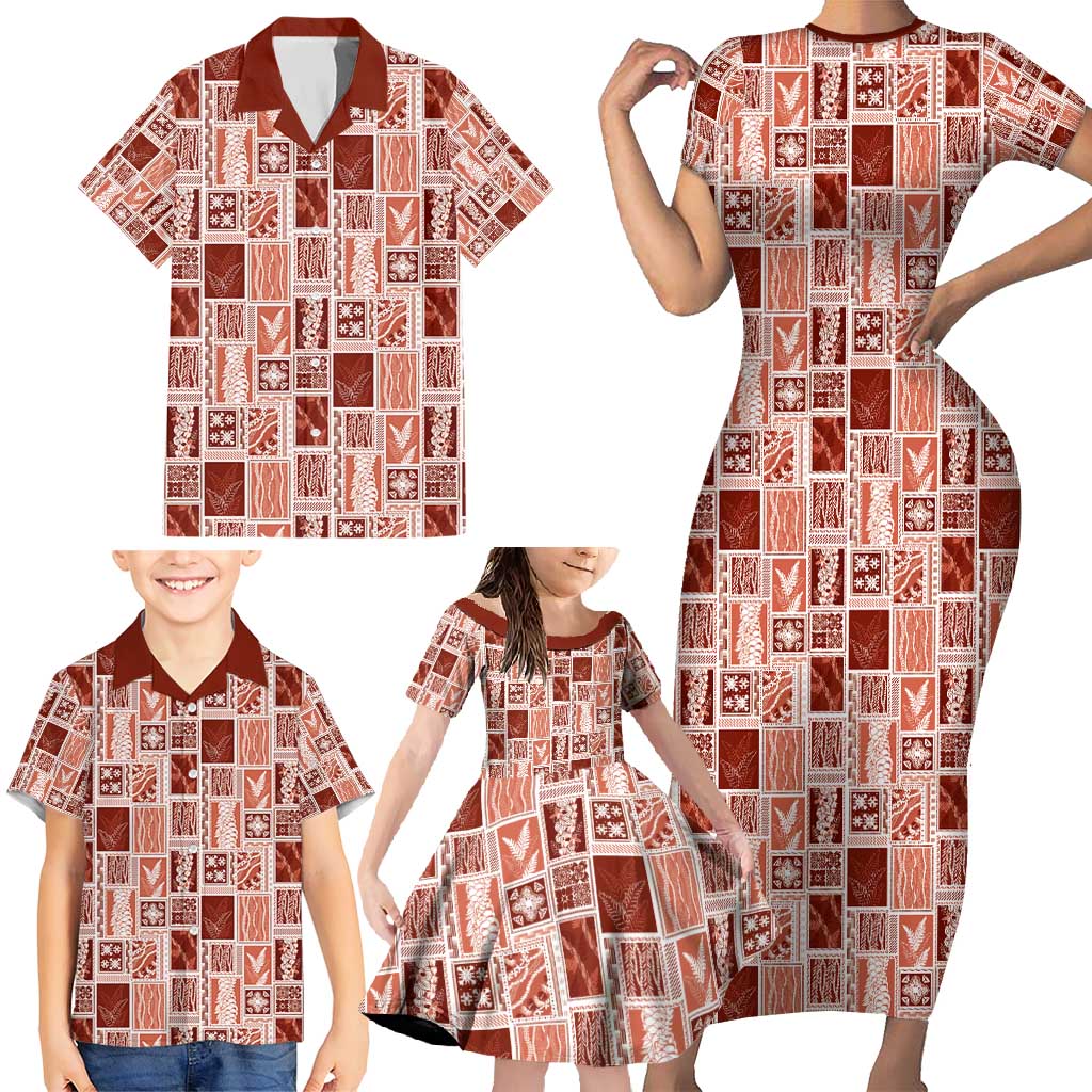 Vintage Aloha Block Quilt Family Matching Short Sleeve Bodycon Dress and Hawaiian Shirt Red Inspired Lei Motifs - Polynesian Pride