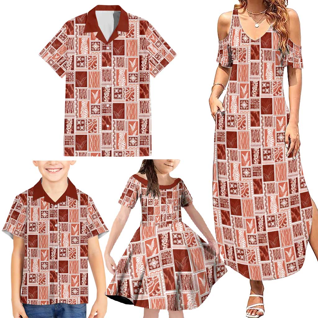 Vintage Aloha Block Quilt Family Matching Summer Maxi Dress and Hawaiian Shirt Red Inspired Lei Motifs - Polynesian Pride