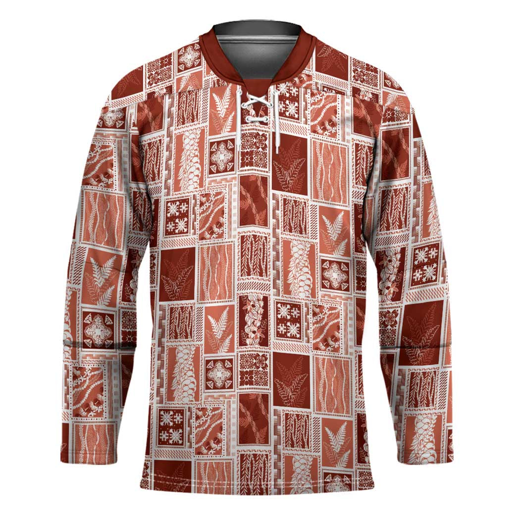 Vintage Aloha Block Quilt Hockey Jersey Red Inspired Lei Motifs - Polynesian Pride
