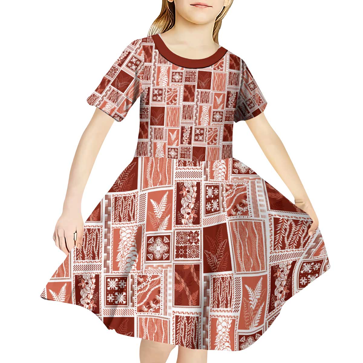 Vintage Aloha Block Quilt Kid Short Sleeve Dress Red Inspired Lei Motifs - Polynesian Pride