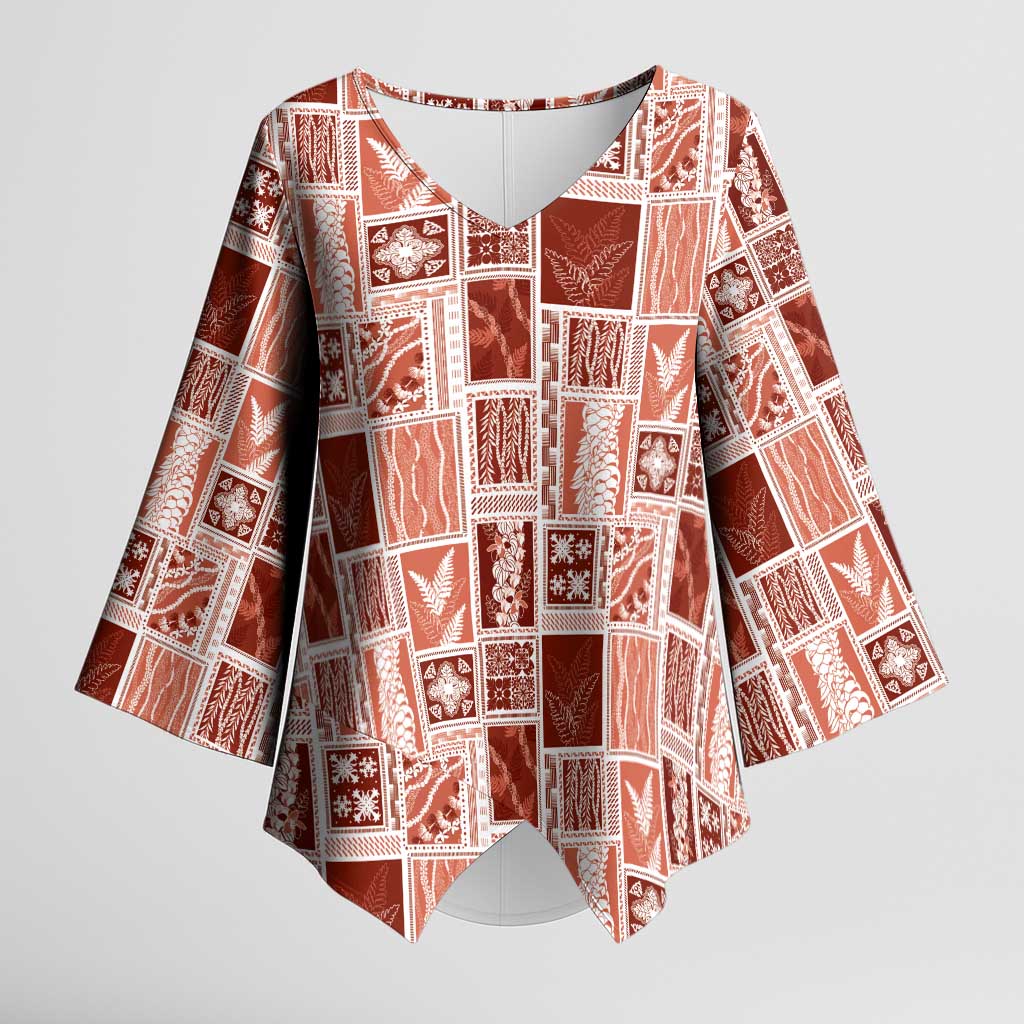 Vintage Aloha Block Quilt Kimono Sleeve Blouse Red Inspired Lei Motifs - Polynesian Pride