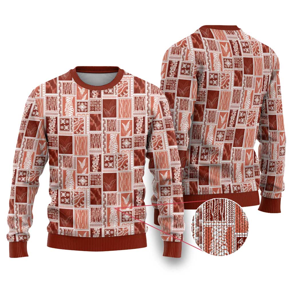 Vintage Aloha Block Quilt Ugly Christmas Sweater Red Inspired Lei Motifs - Polynesian Pride