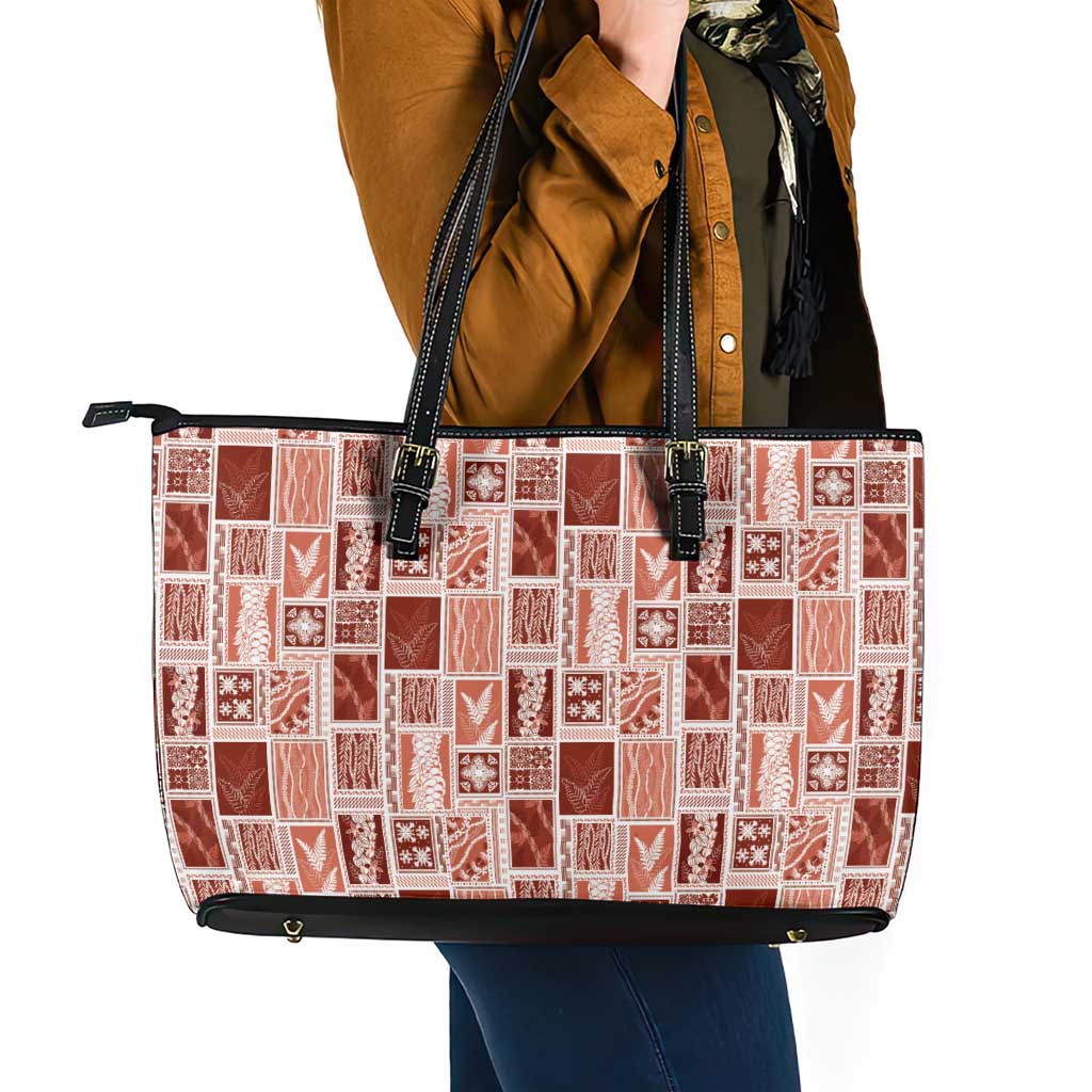 Vintage Aloha Block Quilt Leather Tote Bag Red Inspired Lei Motifs - Polynesian Pride