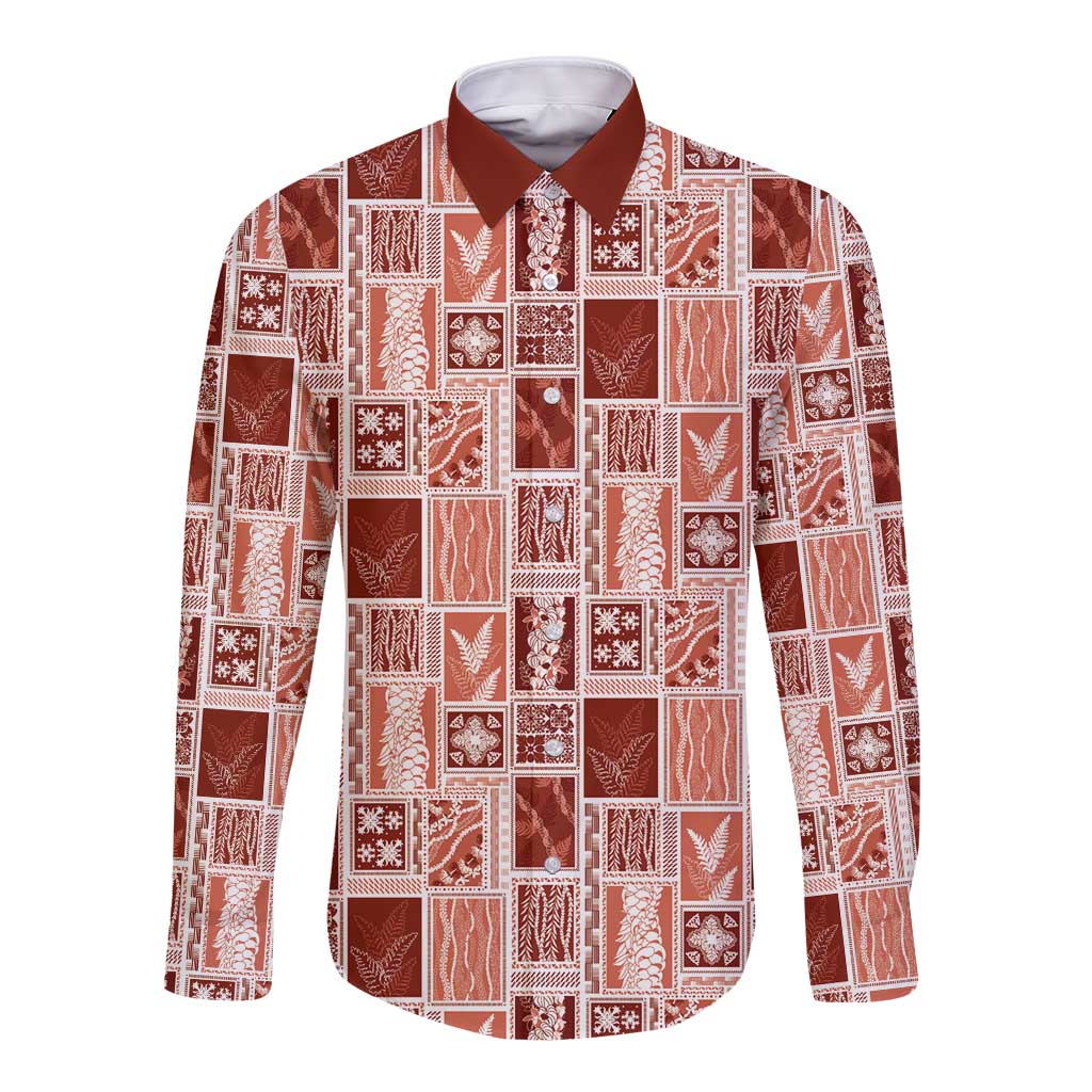 Vintage Aloha Block Quilt Long Sleeve Button Shirt Red Inspired Lei Motifs - Polynesian Pride