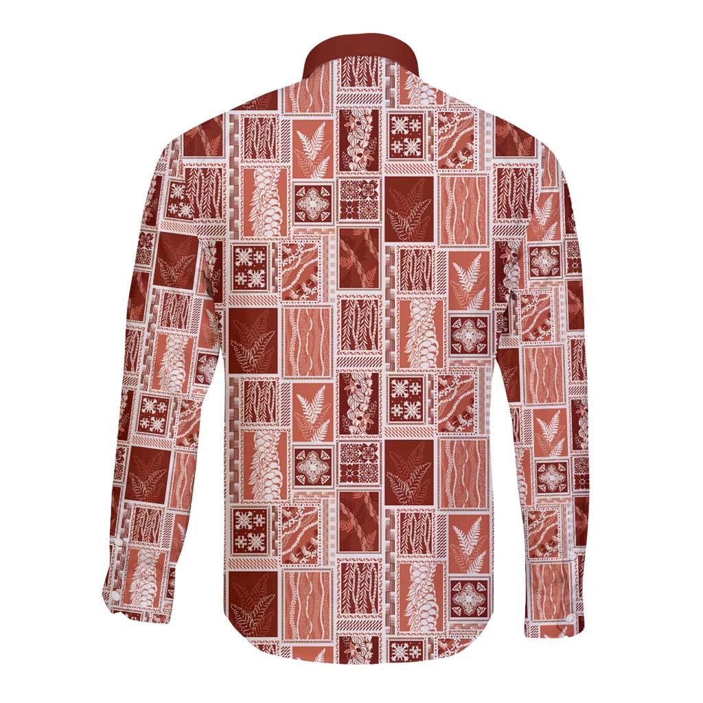 Vintage Aloha Block Quilt Long Sleeve Button Shirt Red Inspired Lei Motifs - Polynesian Pride