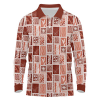 Vintage Aloha Block Quilt Long Sleeve Polo Shirt Red Inspired Lei Motifs - Polynesian Pride