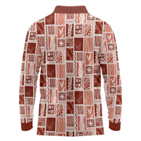 Vintage Aloha Block Quilt Long Sleeve Polo Shirt Red Inspired Lei Motifs - Polynesian Pride