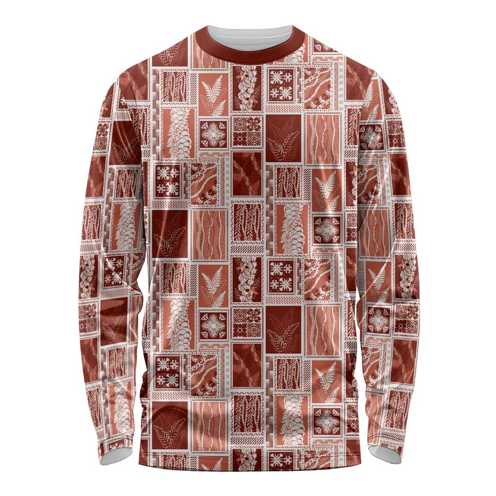 Vintage Aloha Block Quilt Long Sleeve Shirt Red Inspired Lei Motifs - Polynesian Pride