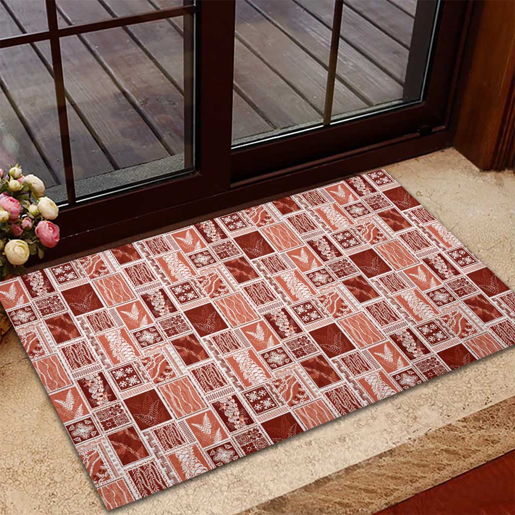 Vintage Aloha Block Quilt Rubber Doormat Red Inspired Lei Motifs - Polynesian Pride