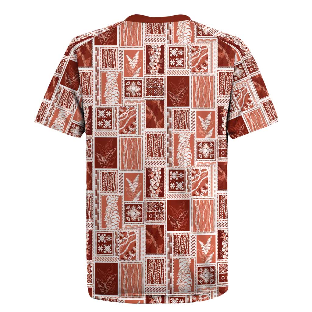 Vintage Aloha Block Quilt Rugby Jersey Red Inspired Lei Motifs - Polynesian Pride