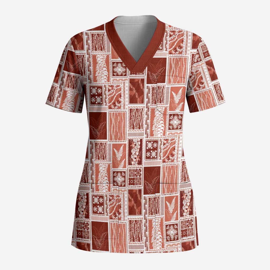 Vintage Aloha Block Quilt Scrub Top Red Inspired Lei Motifs - Polynesian Pride
