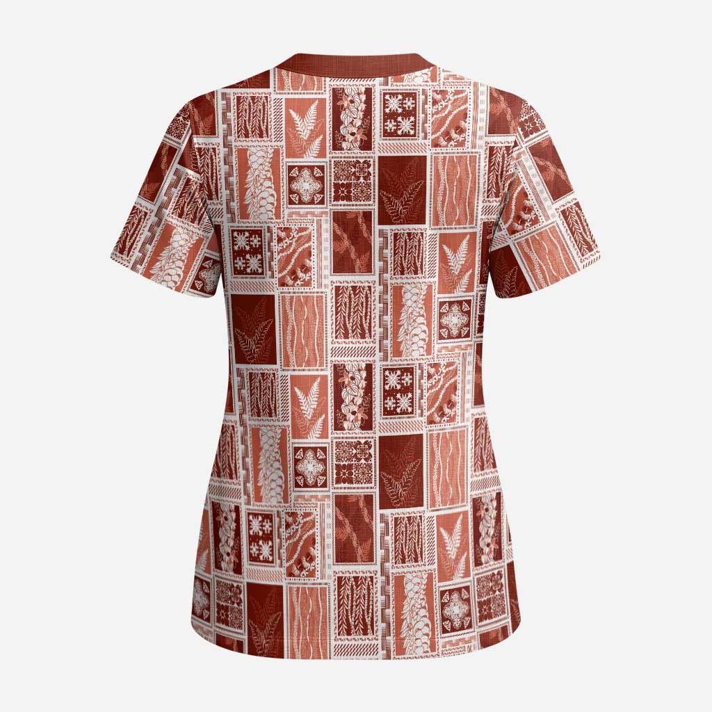 Vintage Aloha Block Quilt Scrub Top Red Inspired Lei Motifs - Polynesian Pride