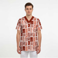 Vintage Aloha Block Quilt Scrub Top Red Inspired Lei Motifs - Polynesian Pride