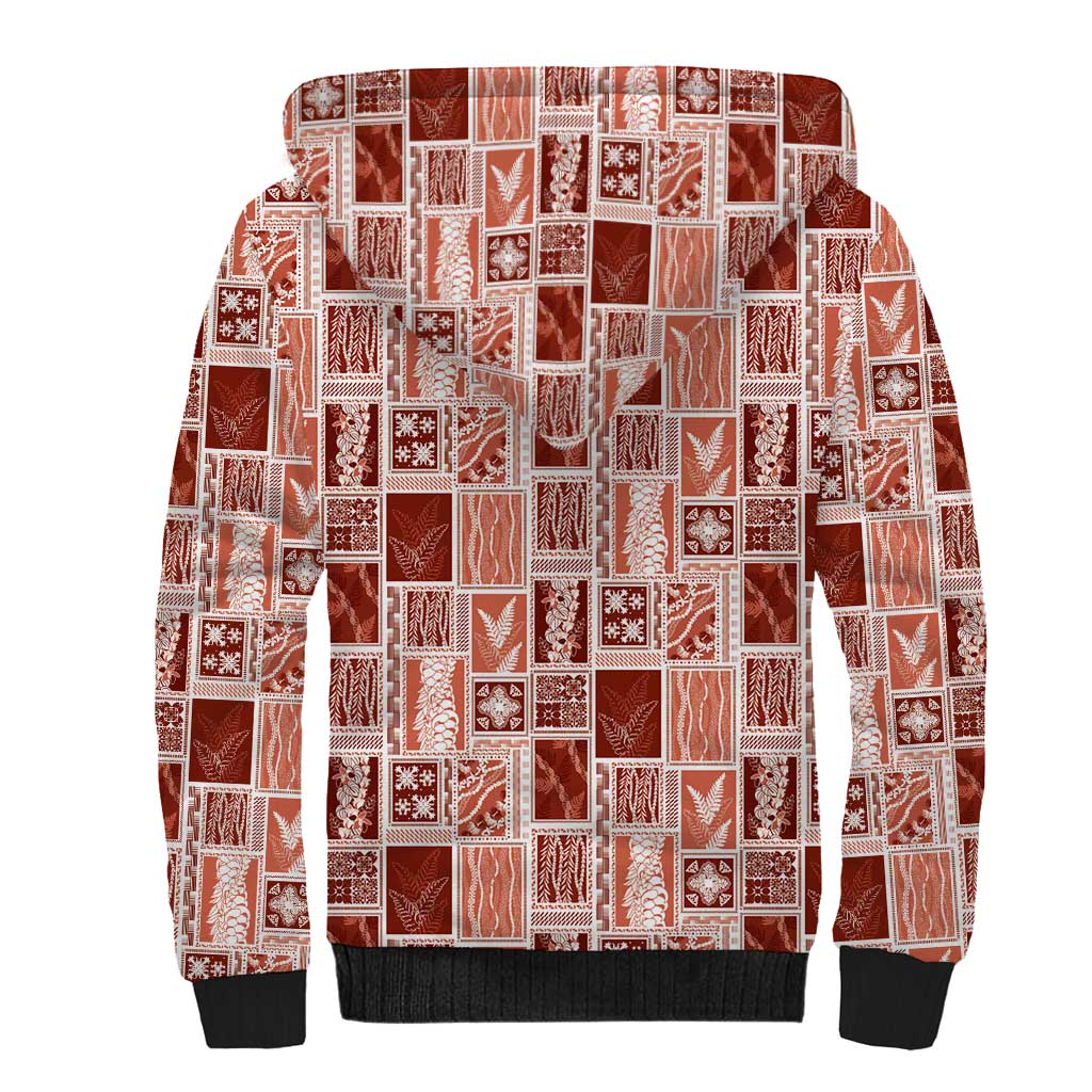 Vintage Aloha Block Quilt Sherpa Hoodie Red Inspired Lei Motifs - Polynesian Pride