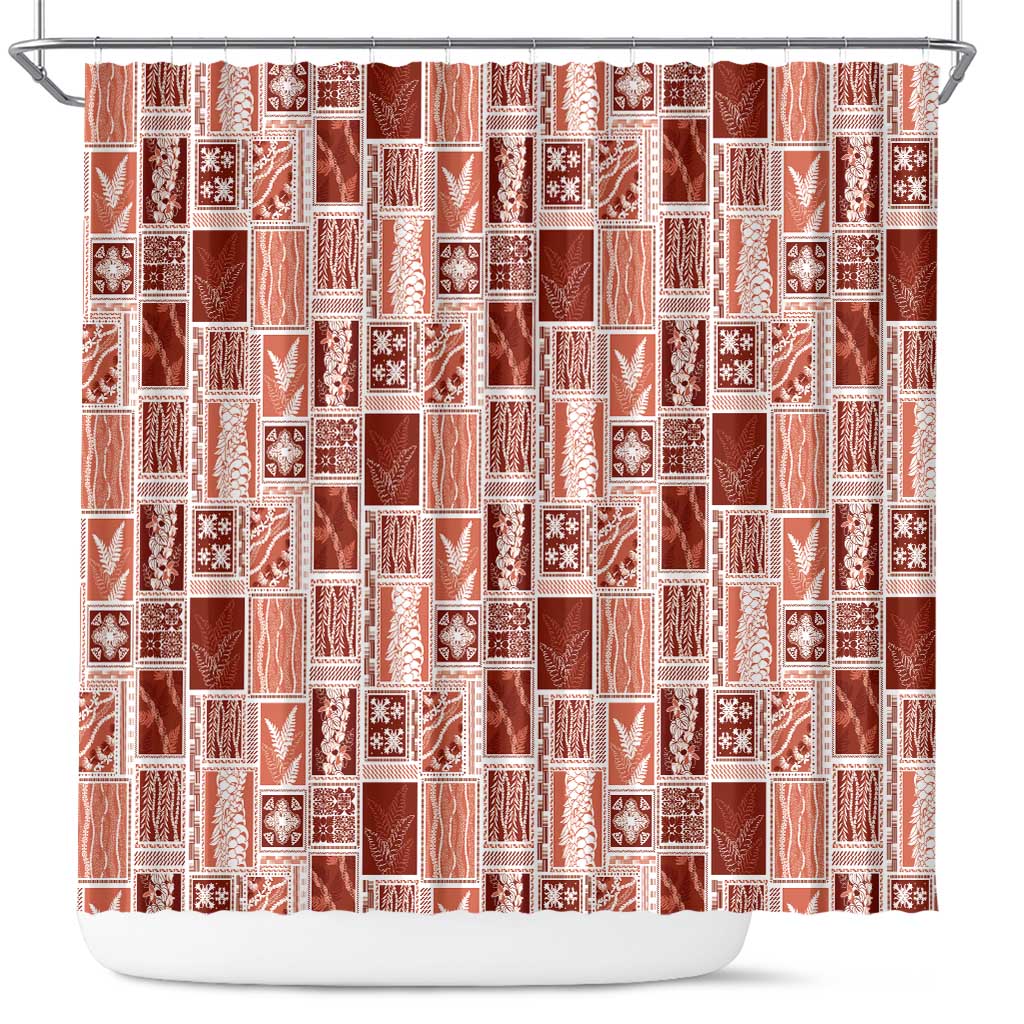 Vintage Aloha Block Quilt Shower Curtain Red Inspired Lei Motifs - Polynesian Pride