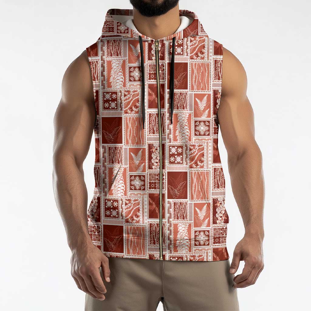 Vintage Aloha Block Quilt Sleeveless Zip Hoodie Red Inspired Lei Motifs - Polynesian Pride