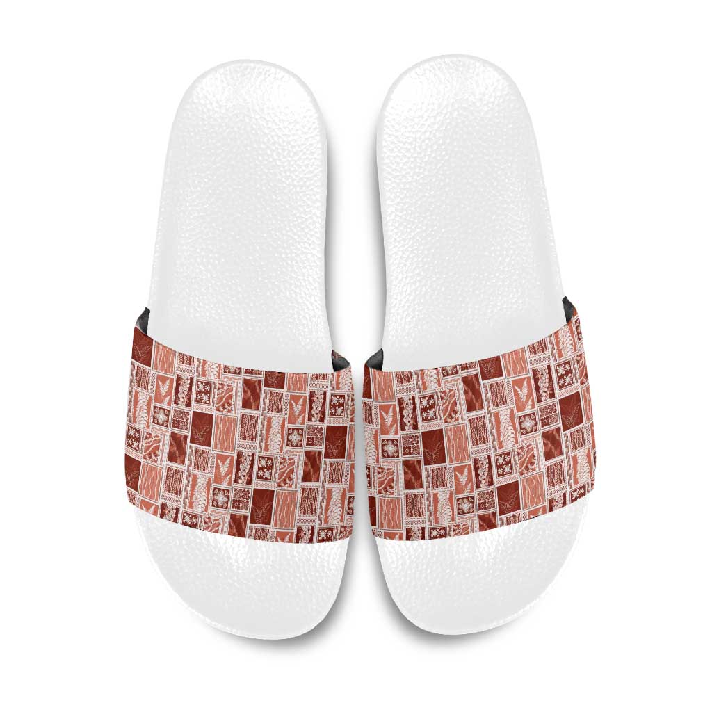 Vintage Aloha Block Quilt Slide Sandals Red Inspired Lei Motifs - Polynesian Pride