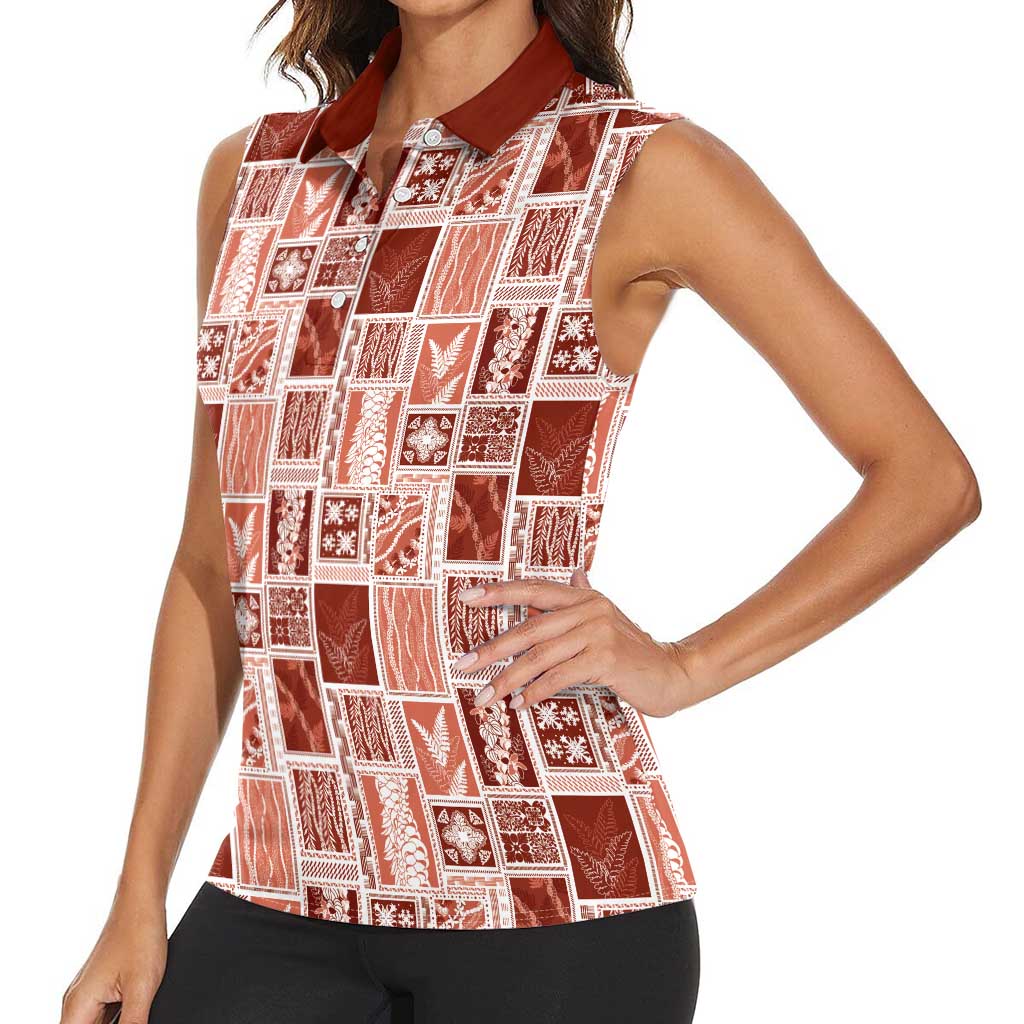 Vintage Aloha Block Quilt Women Sleeveless Polo Shirt Red Inspired Lei Motifs - Polynesian Pride