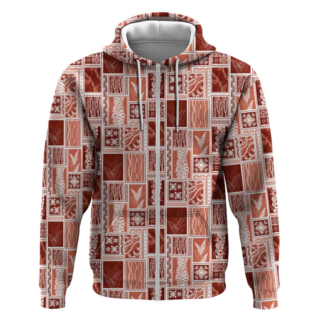 Vintage Aloha Block Quilt Zip Hoodie Red Inspired Lei Motifs - Polynesian Pride