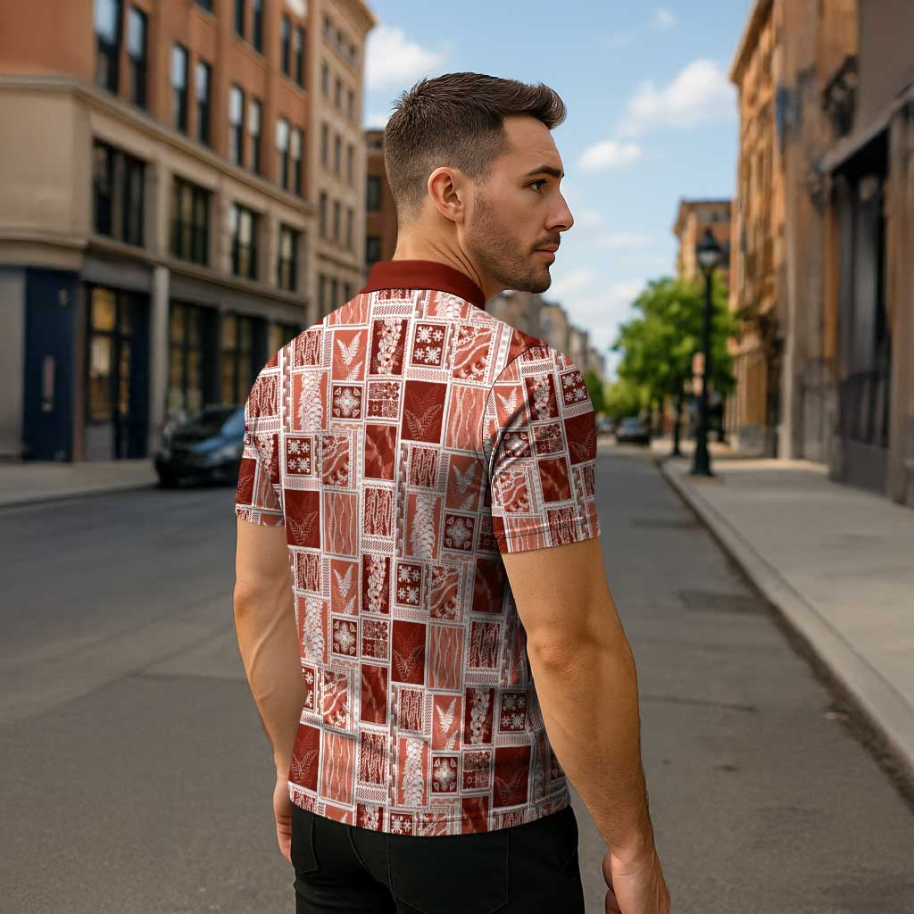 Vintage Aloha Block Quilt Zipper Polo Shirt Red Inspired Lei Motifs - Polynesian Pride