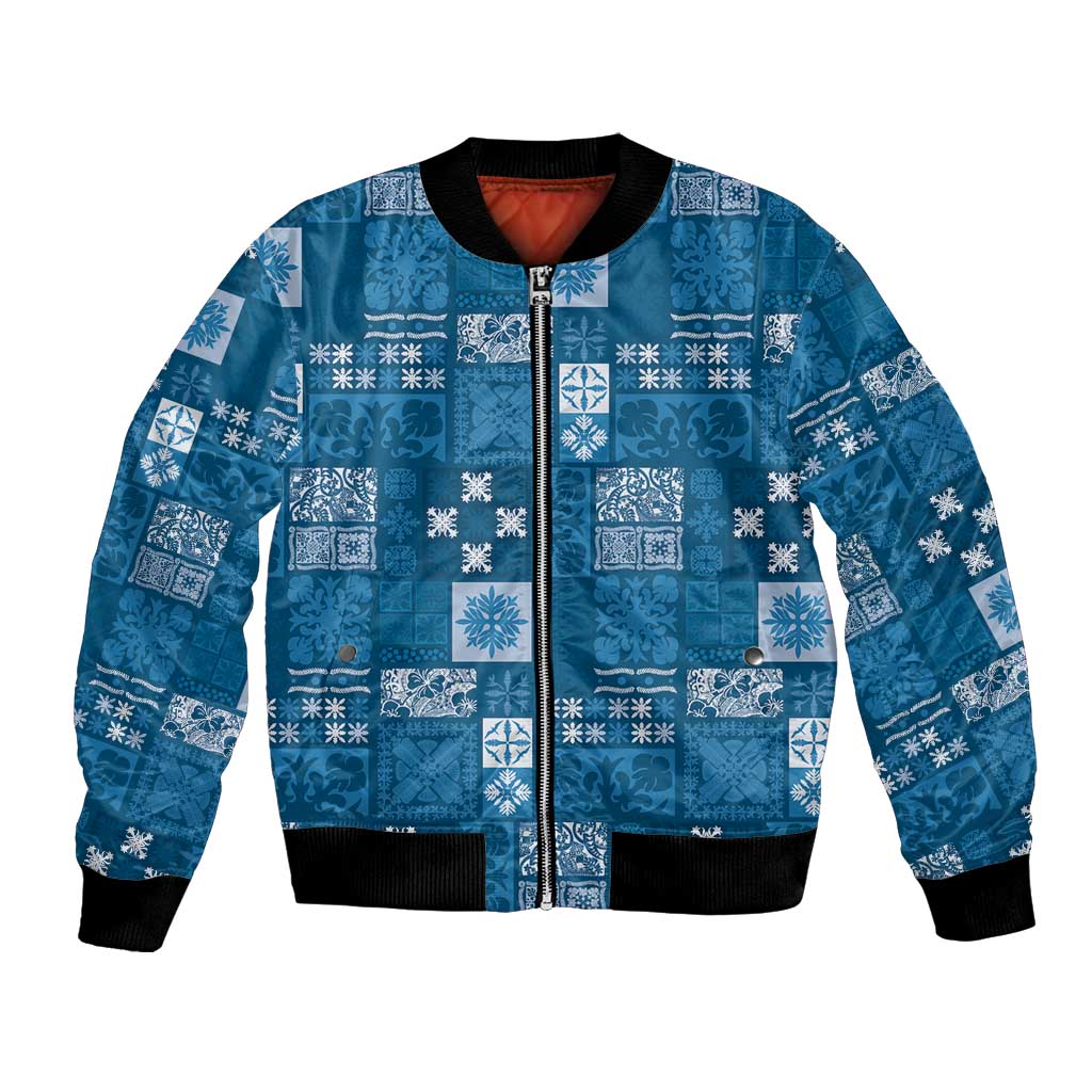 Vintage Hawaiian Quilting Patterns Bomber Jacket Blue Style Tribal Fabric Patchwork - Polynesian Pride