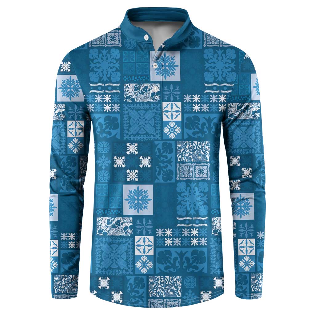 Vintage Hawaiian Quilting Patterns Button Sweatshirt Blue Style Tribal Fabric Patchwork - Polynesian Pride