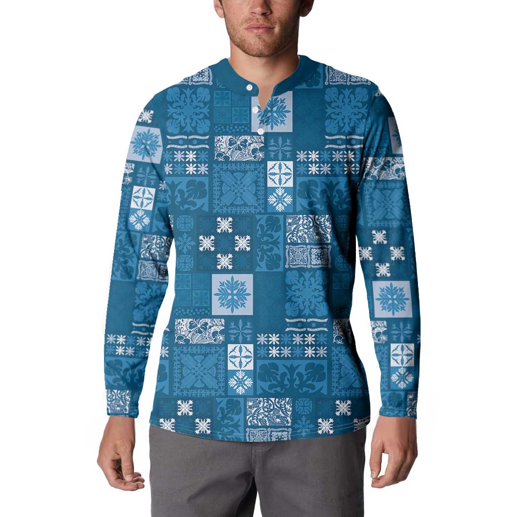 Vintage Hawaiian Quilting Patterns Button Sweatshirt Blue Style Tribal Fabric Patchwork - Polynesian Pride