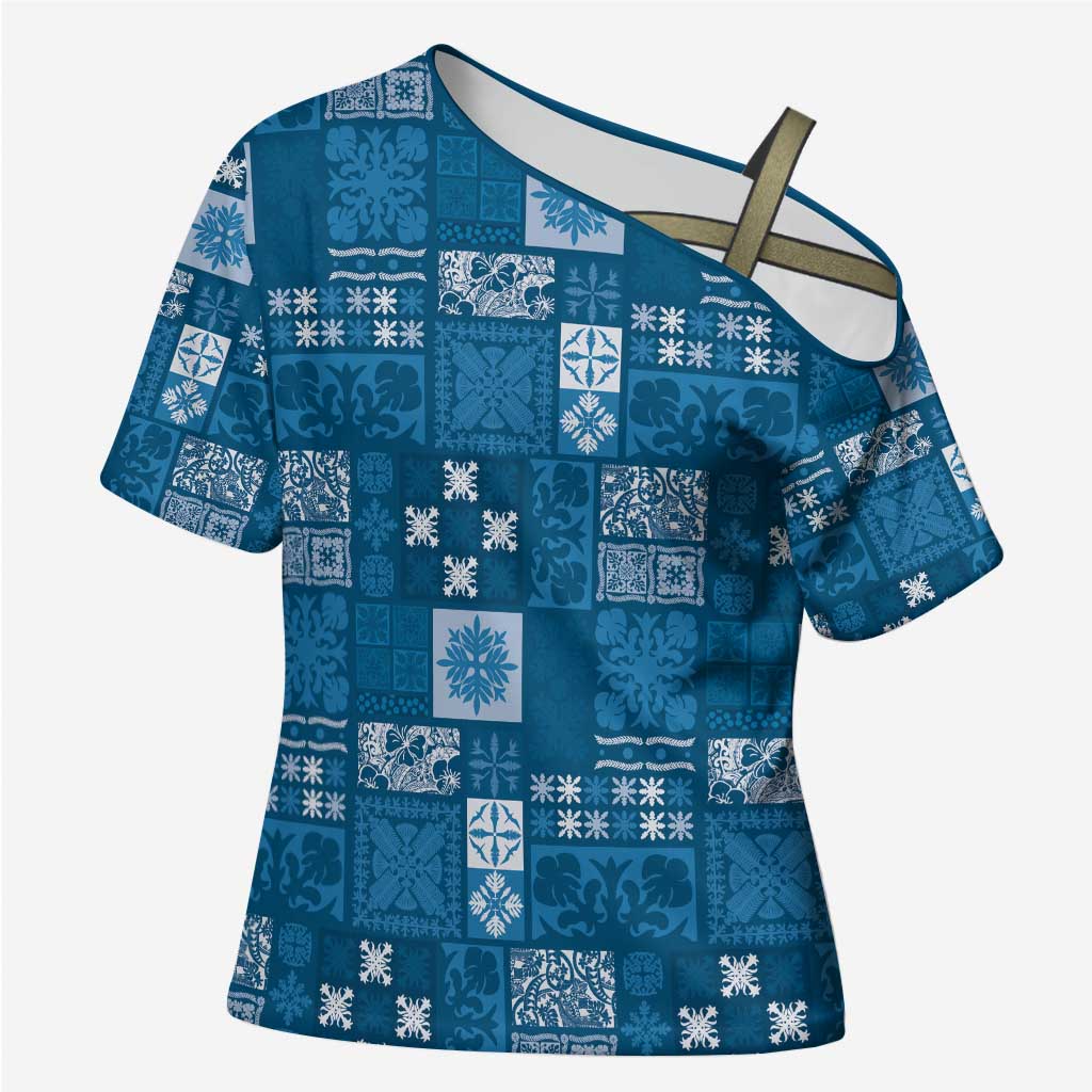 Vintage Hawaiian Quilting Patterns Cross Shoulder Shirt Blue Style Tribal Fabric Patchwork - Polynesian Pride