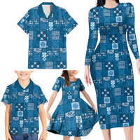 Vintage Hawaiian Quilting Patterns Family Matching Long Sleeve Bodycon Dress and Hawaiian Shirt Blue Style Tribal Fabric Patchwork - Polynesian Pride
